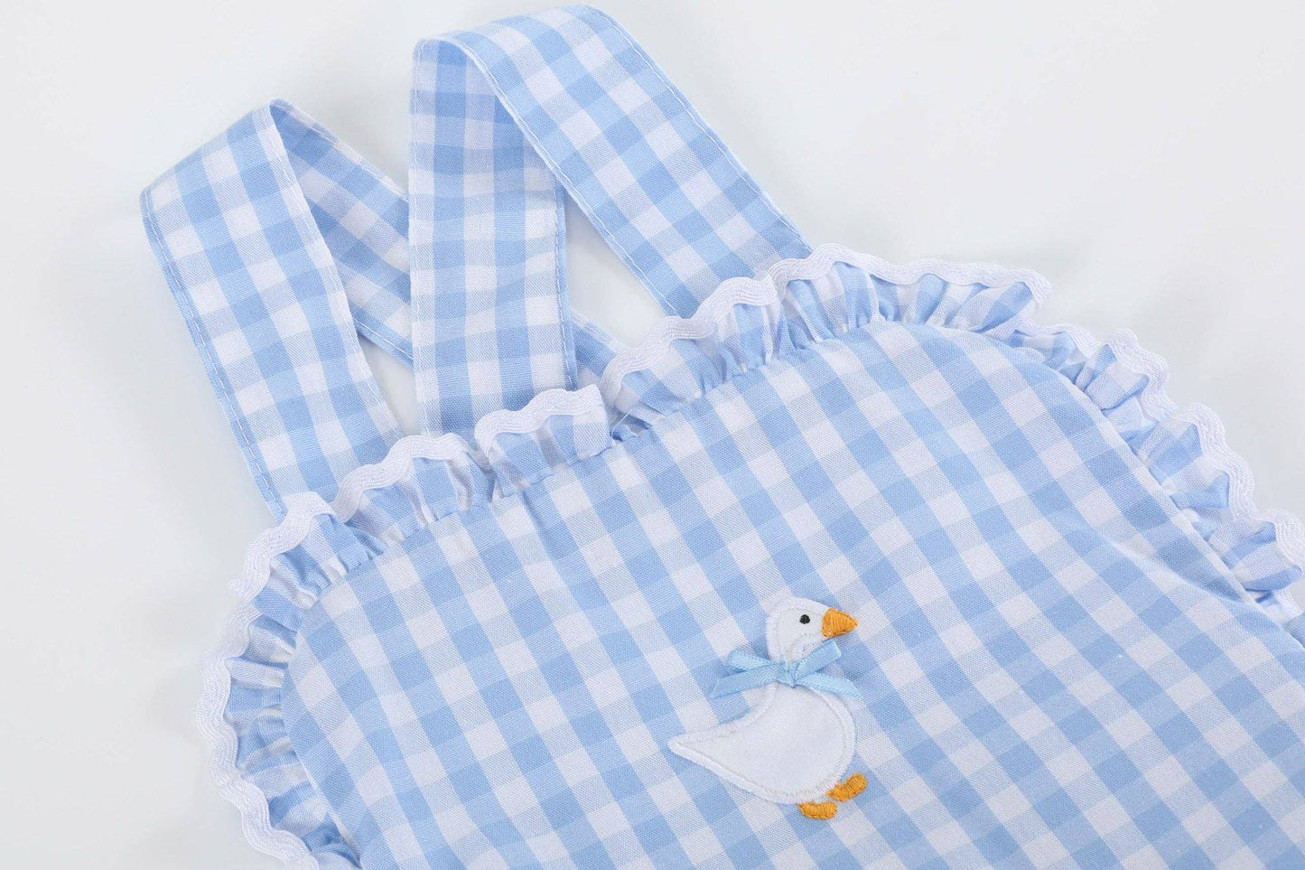 Lil Cactus - Blue Gingham Goose Lace Bow Ruffle Romper