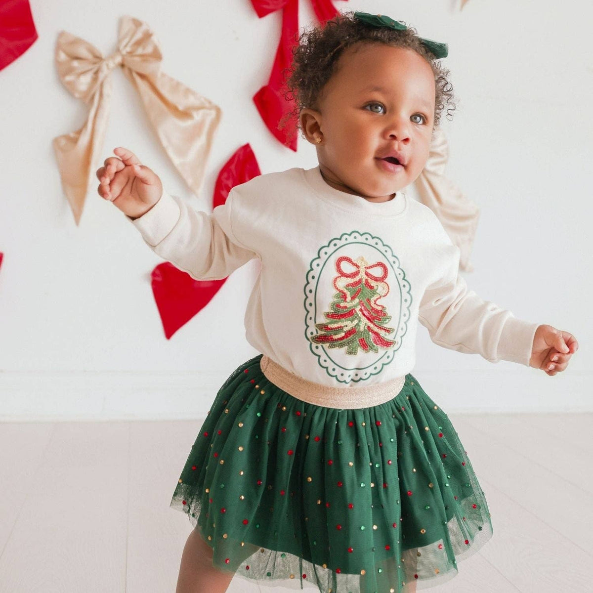 Sweet Wink - Sequin Christmas Tree Patch Long Sleeve Romper - Baby
