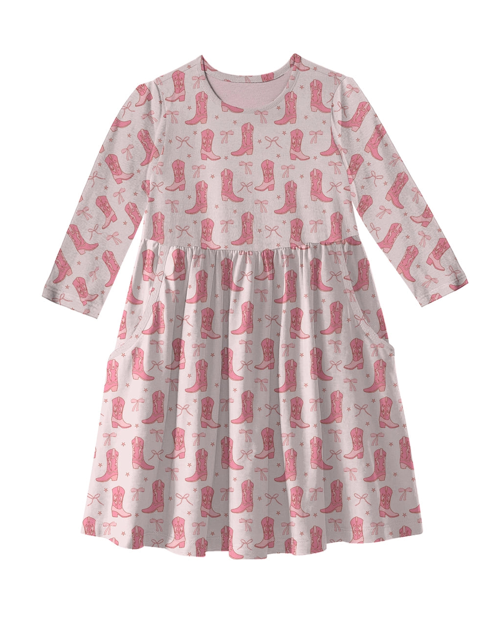 Cowgirl Boots & Bows - 3/4 Sleeve Pocket Dress