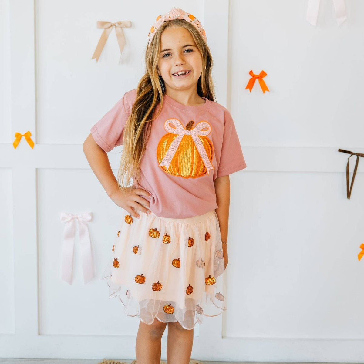 Sweet Wink - Coquette Pumpkin Sequin Patch Short Sleeve T-Shirt - Kids