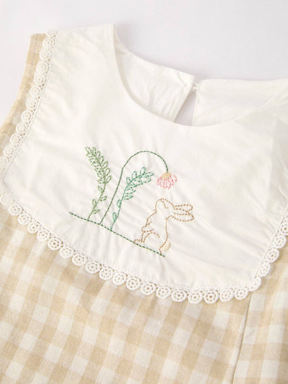 Rylee Faith Designs - Apricot Plaid Embroidered Bunny Sleeveless Dress