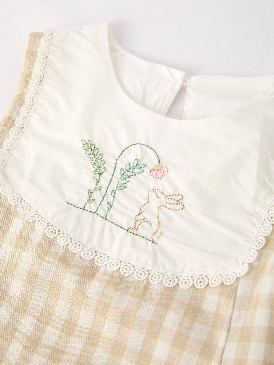 Rylee Faith Designs - Apricot Plaid Embroidered Bunny Sleeveless Dress