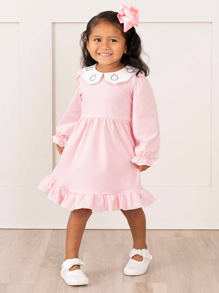 Pink Holiday Wreath Scallop Collar Dress