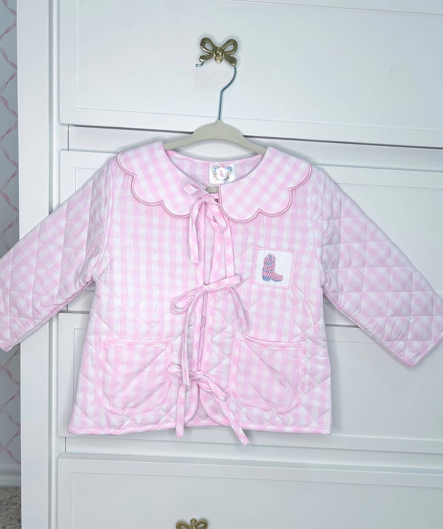 Lovely Littles Smocks - Hand Smocked Pink Gingham Quilted Jacket (Boots and Bows)