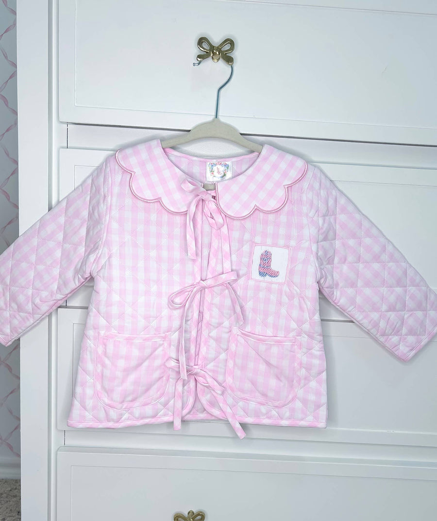 Lovely Littles Smocks - Hand Smocked Pink Gingham Quilted Jacket (Boots and Bows)