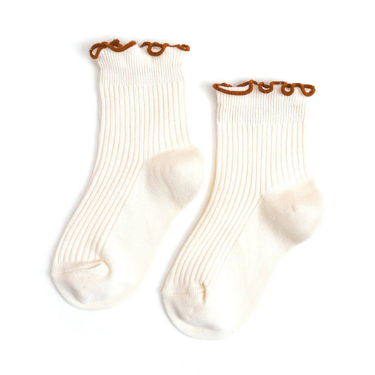 Little Stocking Co. - Ribbed Lettuce Trim Midi Socks - Ivory/Sugar Almond