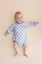 Lucky Panda Kids - Bubble Romper | Checkered Smiley Blue
