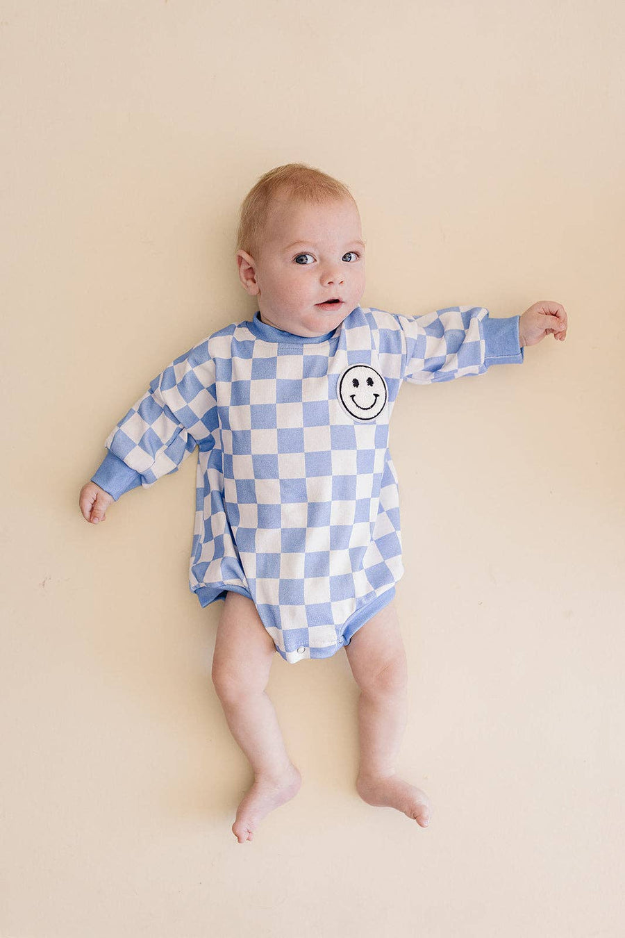 Lucky Panda Kids - Bubble Romper | Checkered Smiley Blue