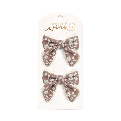 Sweet Wink - Mocha Floral Lace Bow Clip Set - Hair Bows - Fall - Kids
