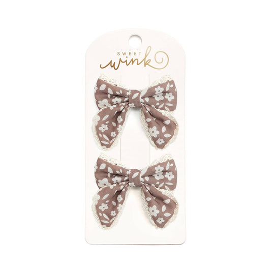 Sweet Wink - Mocha Floral Lace Bow Clip Set - Hair Bows - Fall - Kids