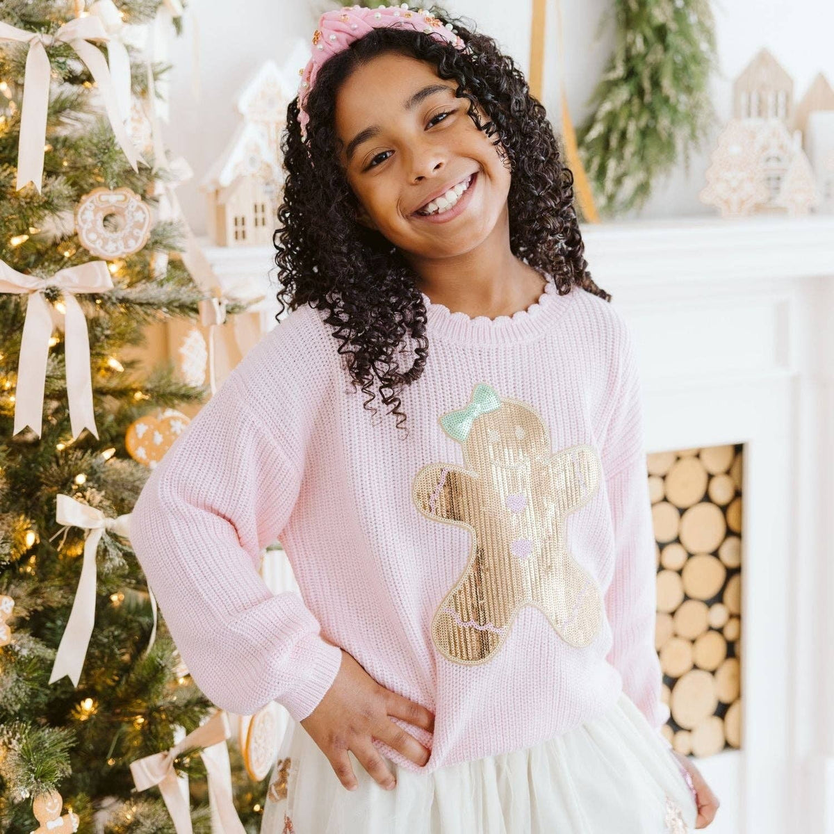 Sweet Wink - Gingerbread Sequin Patch Christmas Sweater - Kids Clothing