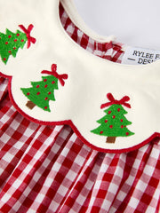 Rylee Faith Designs - Christmas Tree Embroidery Red Gingham Long Sleeve Baby Girl Bloomers Set