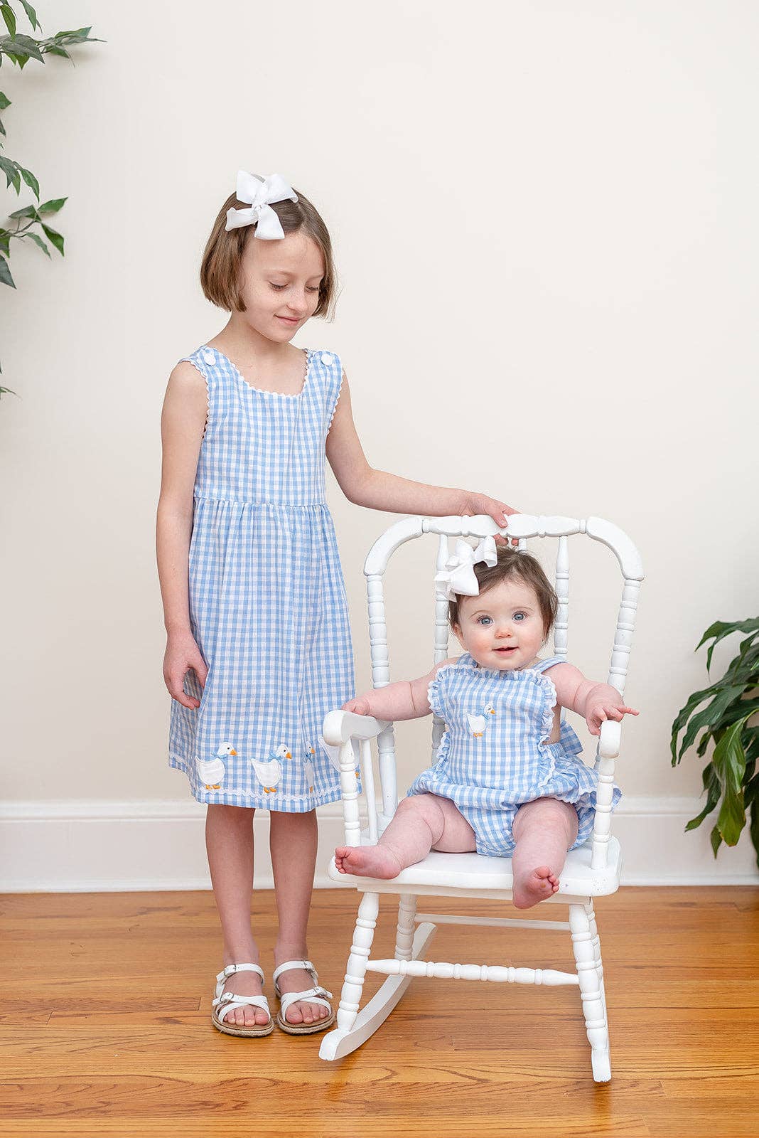 Lil Cactus - Blue Gingham Goose Lace Bow Ruffle Romper