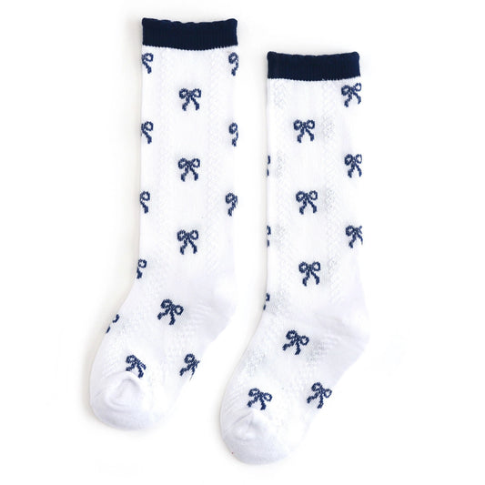 Navy Bow Scalloped Knee Socks