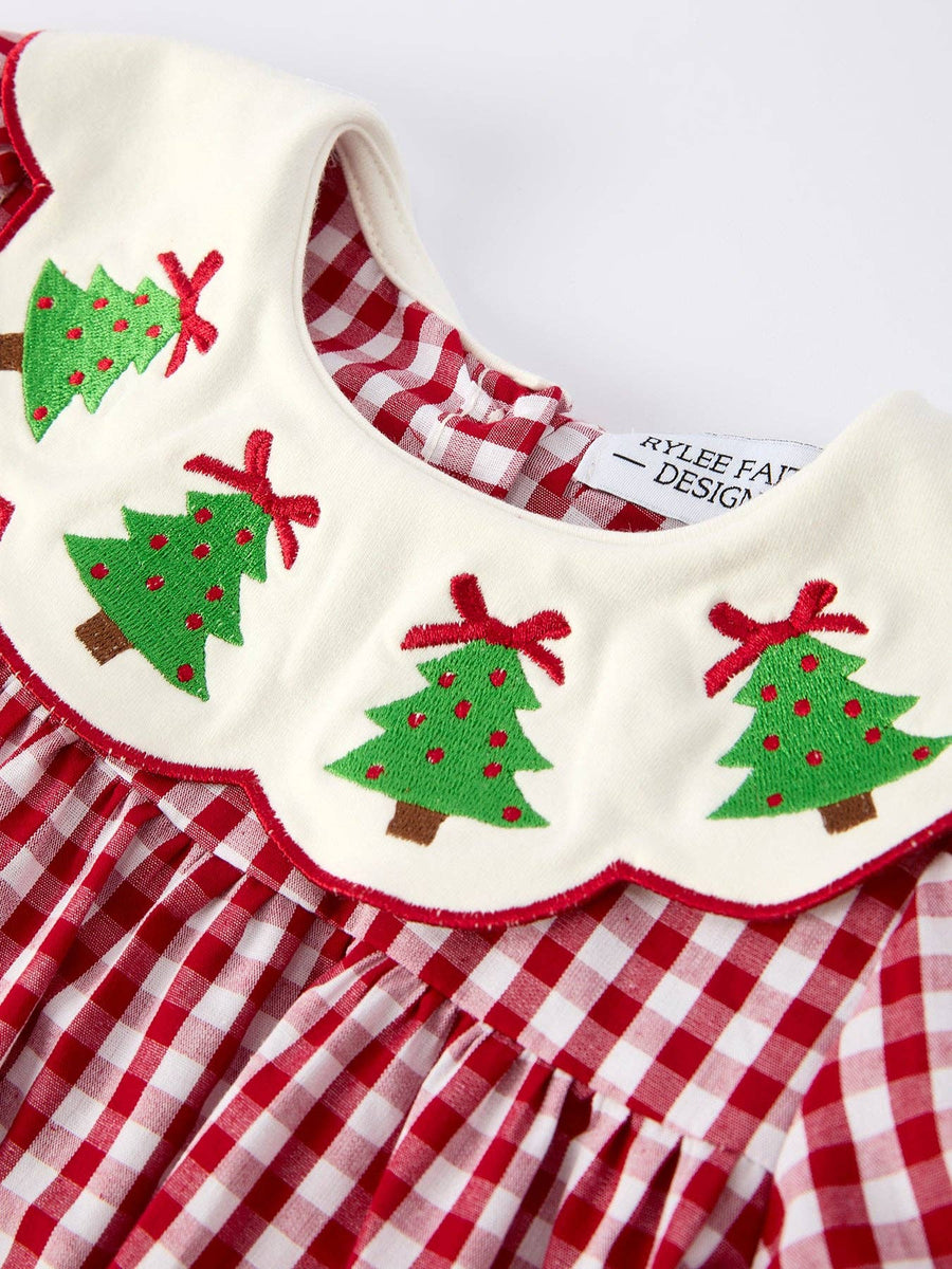Rylee Faith Designs - Christmas Embroidered Christmas Tree Plaid Girls Dress