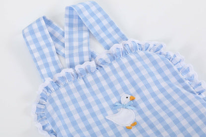 Lil Cactus - Blue Gingham Goose Lace Bow Ruffle Romper