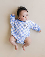 Lucky Panda Kids - Bubble Romper | Checkered Smiley Blue
