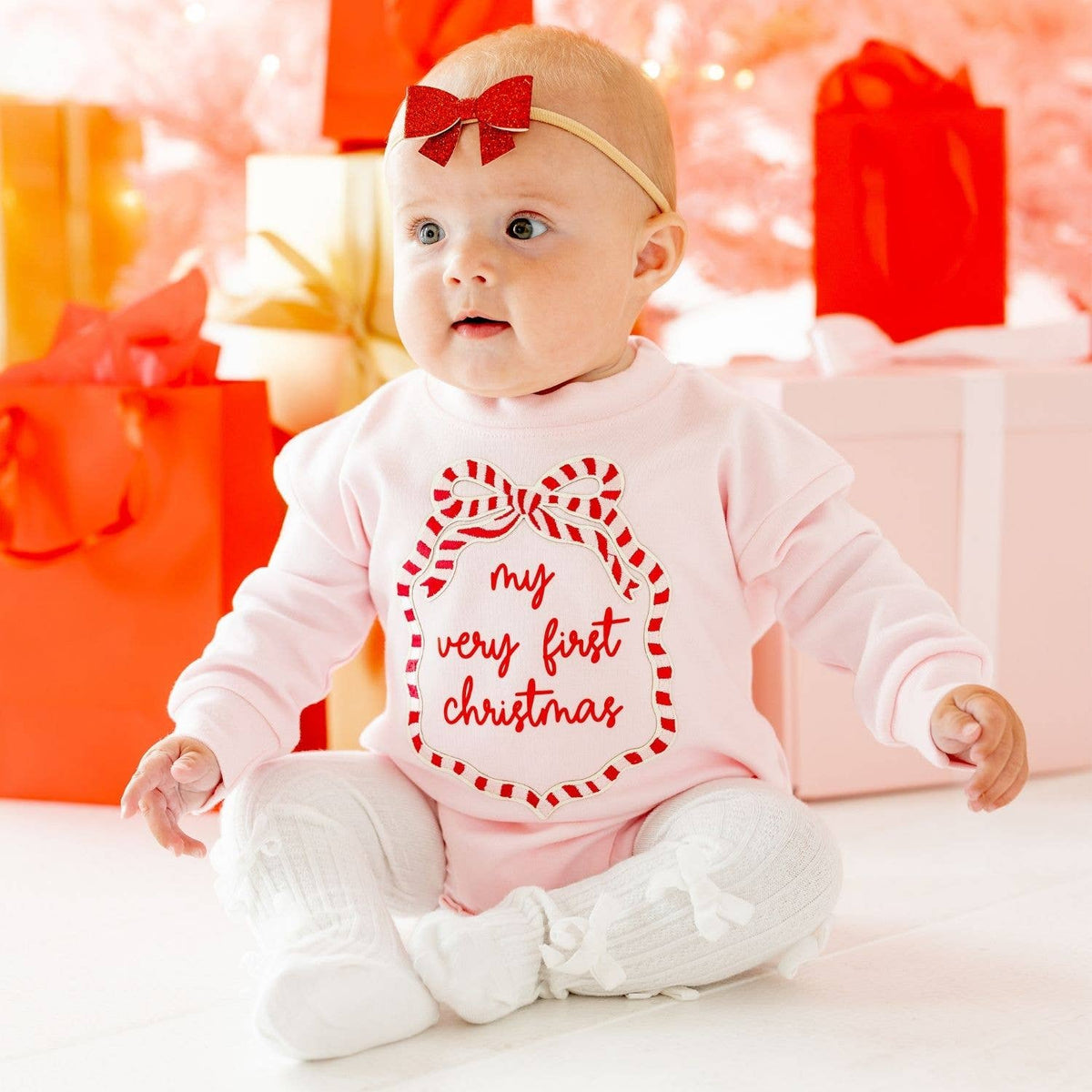 Sweet Wink - My First Christmas Sequin Bow Patch Long Sleeve Romper -Baby