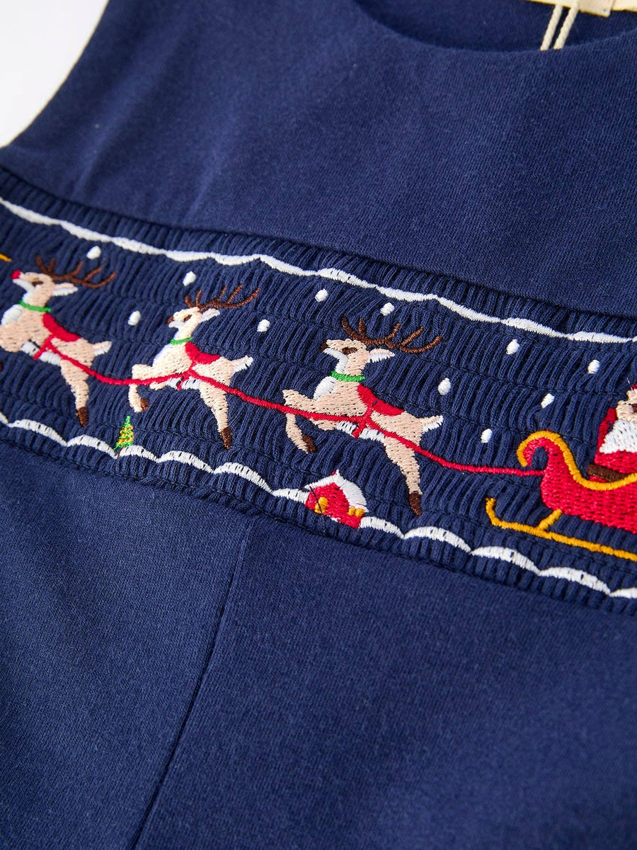 Rylee Faith Designs - Christmas Holiday Celebration Baby Boys Romper: Navy with Santa Sleigh