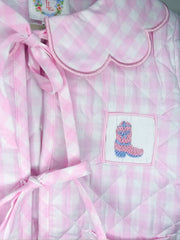 Lovely Littles Smocks - Hand Smocked Pink Gingham Quilted Jacket (Boots and Bows)