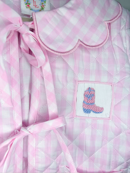 Lovely Littles Smocks - Hand Smocked Pink Gingham Quilted Jacket (Boots and Bows)