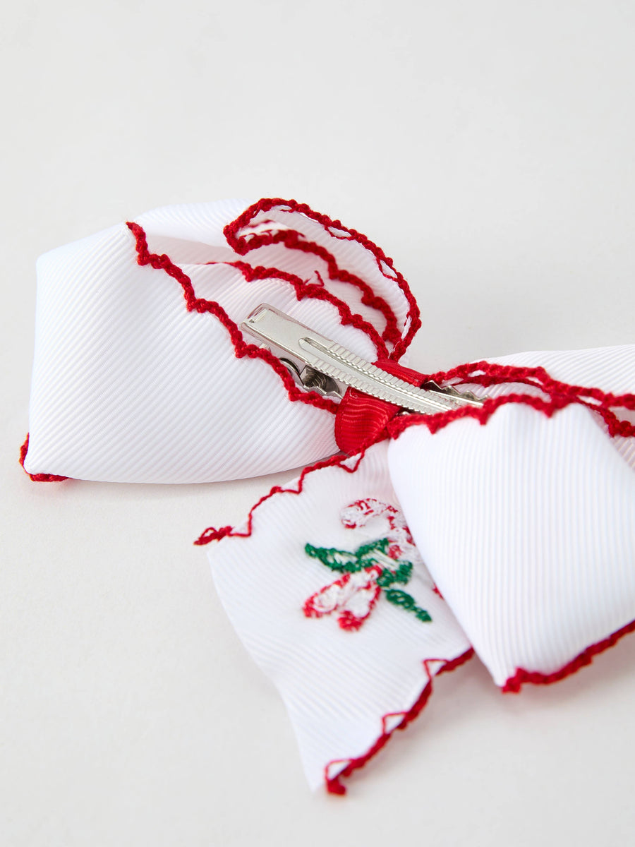 Rylee Faith Designs - Christmas Candy Cane Embroidered Bow Hair Clip