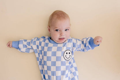 Lucky Panda Kids - Bubble Romper | Checkered Smiley Blue