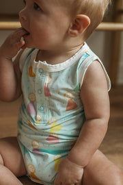 Southern Slumber - Blue Birthday Print Bamboo Henley Onesie with Snaps