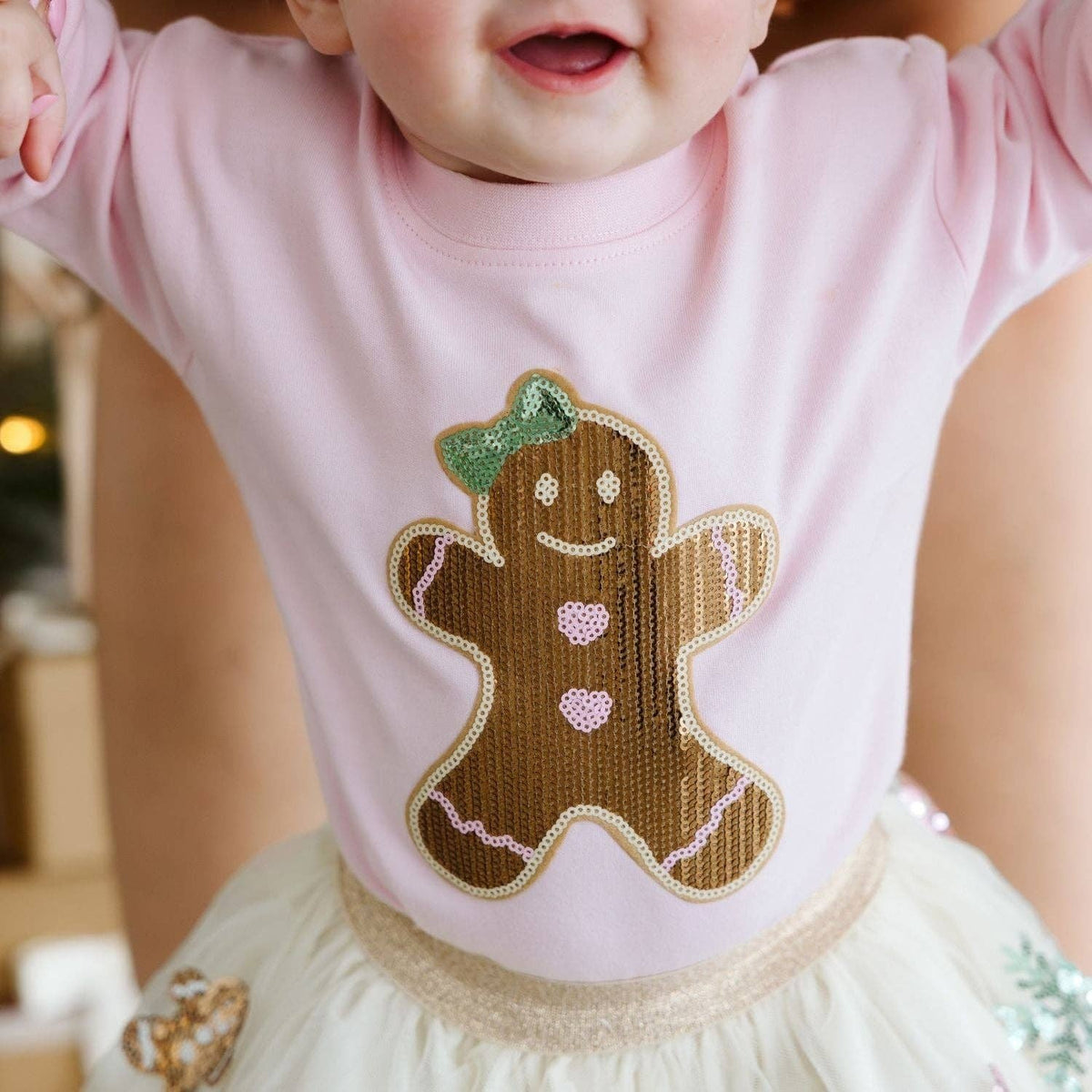 Sweet Wink - Gingerbread Sequin Patch Christmas Long Sleeve Romper - Baby