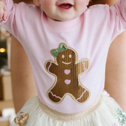 Sweet Wink - Gingerbread Sequin Patch Christmas Long Sleeve Romper - Baby