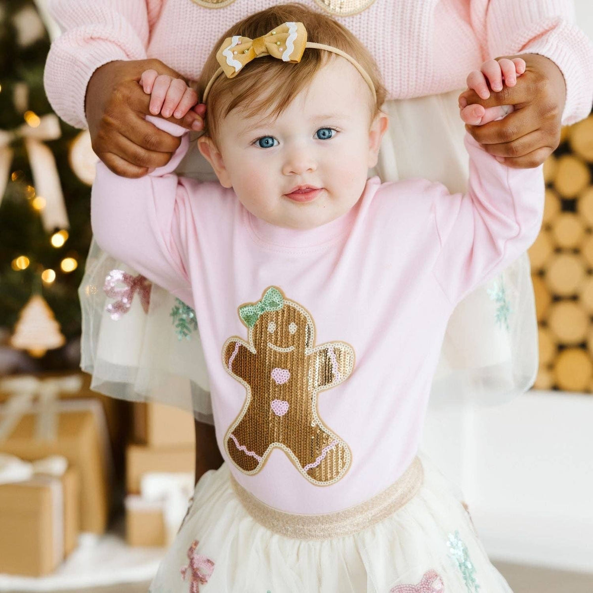 Sweet Wink - Gingerbread Sequin Patch Christmas Long Sleeve Romper - Baby