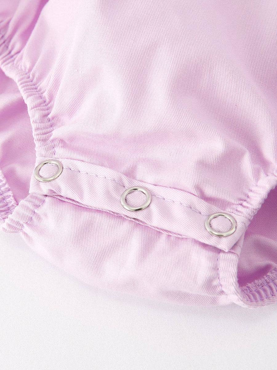 Rylee Faith Designs - Girls Easter Bunny Smocking Embroidered Lace Cuff Purple Romper