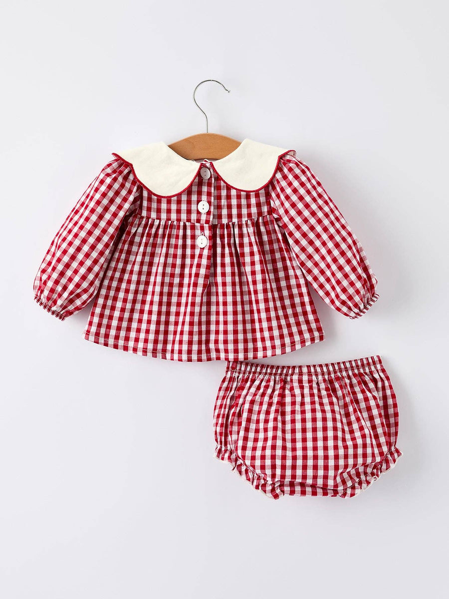 Rylee Faith Designs - Christmas Tree Embroidery Red Gingham Long Sleeve Baby Girl Bloomers Set