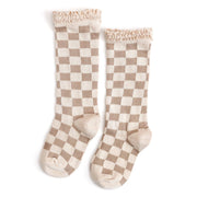 Little Stocking Co. - Checkered Lace Top Knee High Socks - Vanilla/Oat