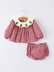 Rylee Faith Designs - Christmas Tree Embroidery Red Gingham Long Sleeve Baby Girl Bloomers Set