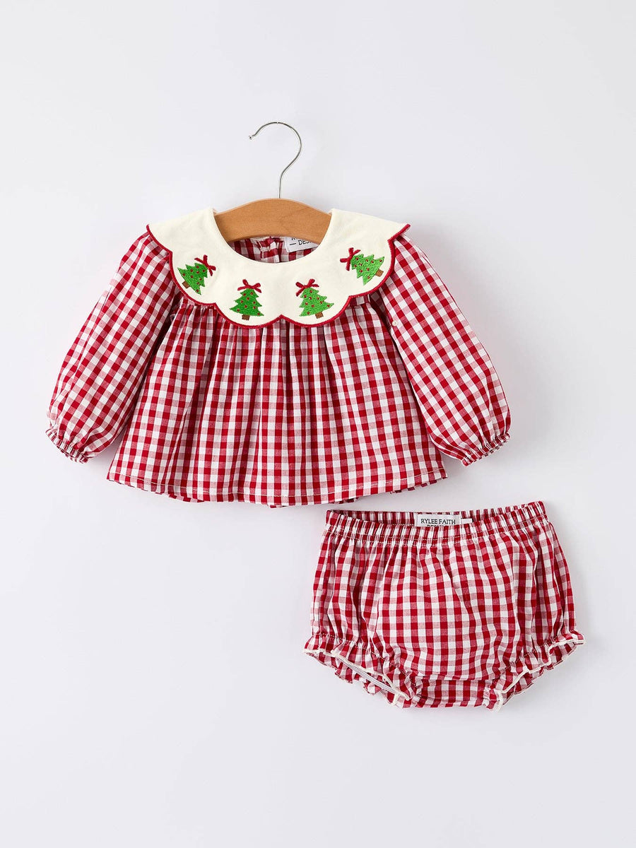 Rylee Faith Designs - Christmas Tree Embroidery Red Gingham Long Sleeve Baby Girl Bloomers Set
