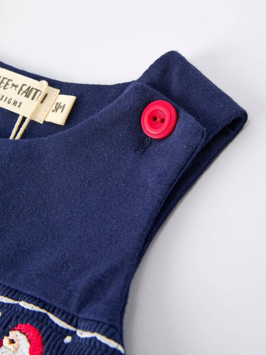 Rylee Faith Designs - Christmas Holiday Celebration Baby Boys Romper: Navy with Santa Sleigh