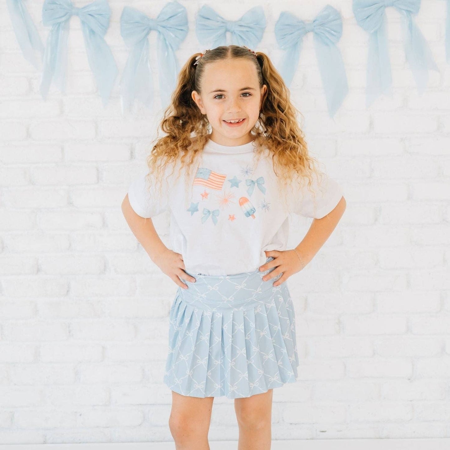 Sweet Wink - Sky Blue Bow Trellis Athletic Skort - Fourth of July - Kids