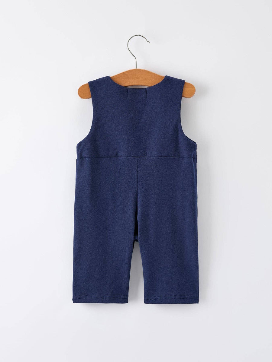 Rylee Faith Designs - Christmas Holiday Celebration Baby Boys Romper: Navy with Santa Sleigh