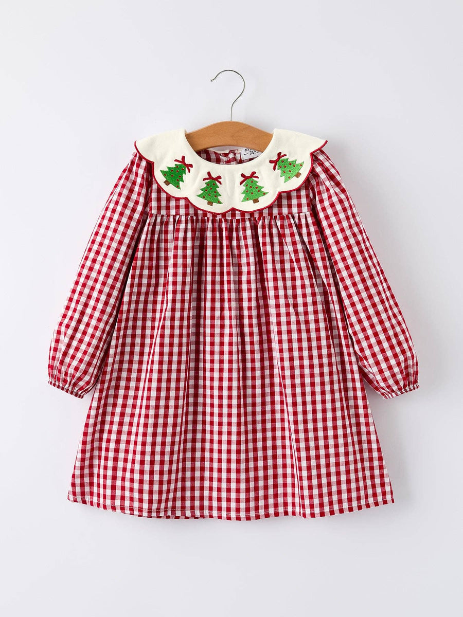 Rylee Faith Designs - Christmas Embroidered Christmas Tree Plaid Girls Dress