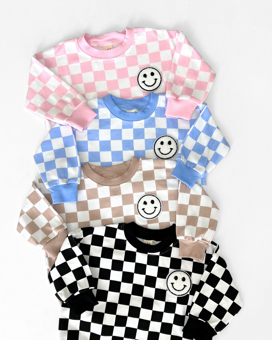 Lucky Panda Kids - Bubble Romper | Checkered Smiley Blue