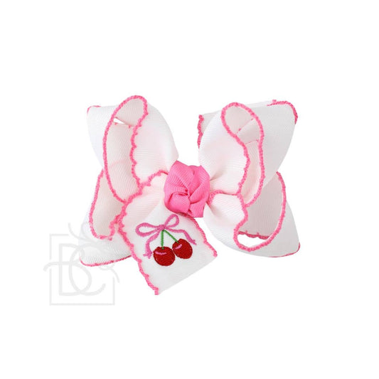 EMBROIDERED CHERRIES CROCHET EDGE HAIR BOW ON ALLIGATOR CLIP
