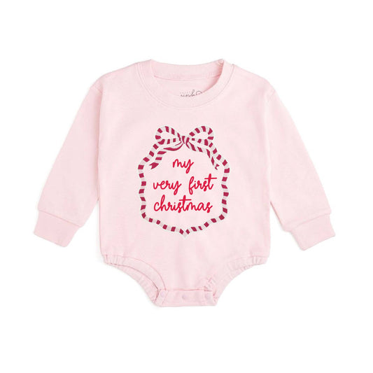 Sweet Wink - My First Christmas Sequin Bow Patch Long Sleeve Romper -Baby