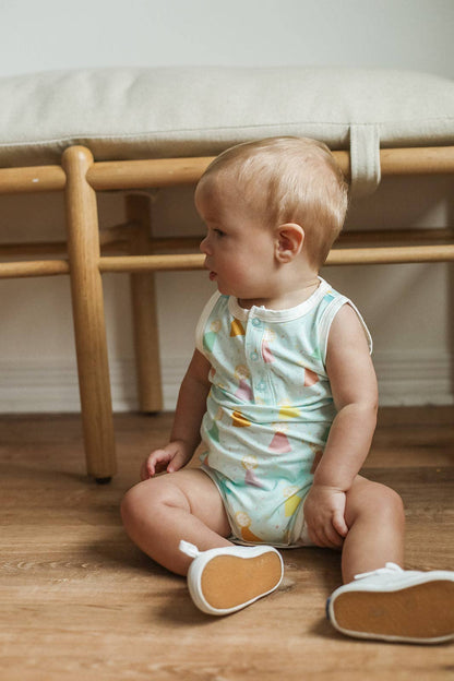 Southern Slumber - Blue Birthday Print Bamboo Henley Onesie with Snaps