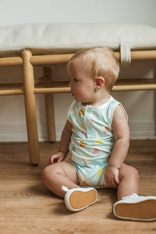 Southern Slumber - Blue Birthday Print Bamboo Henley Onesie with Snaps