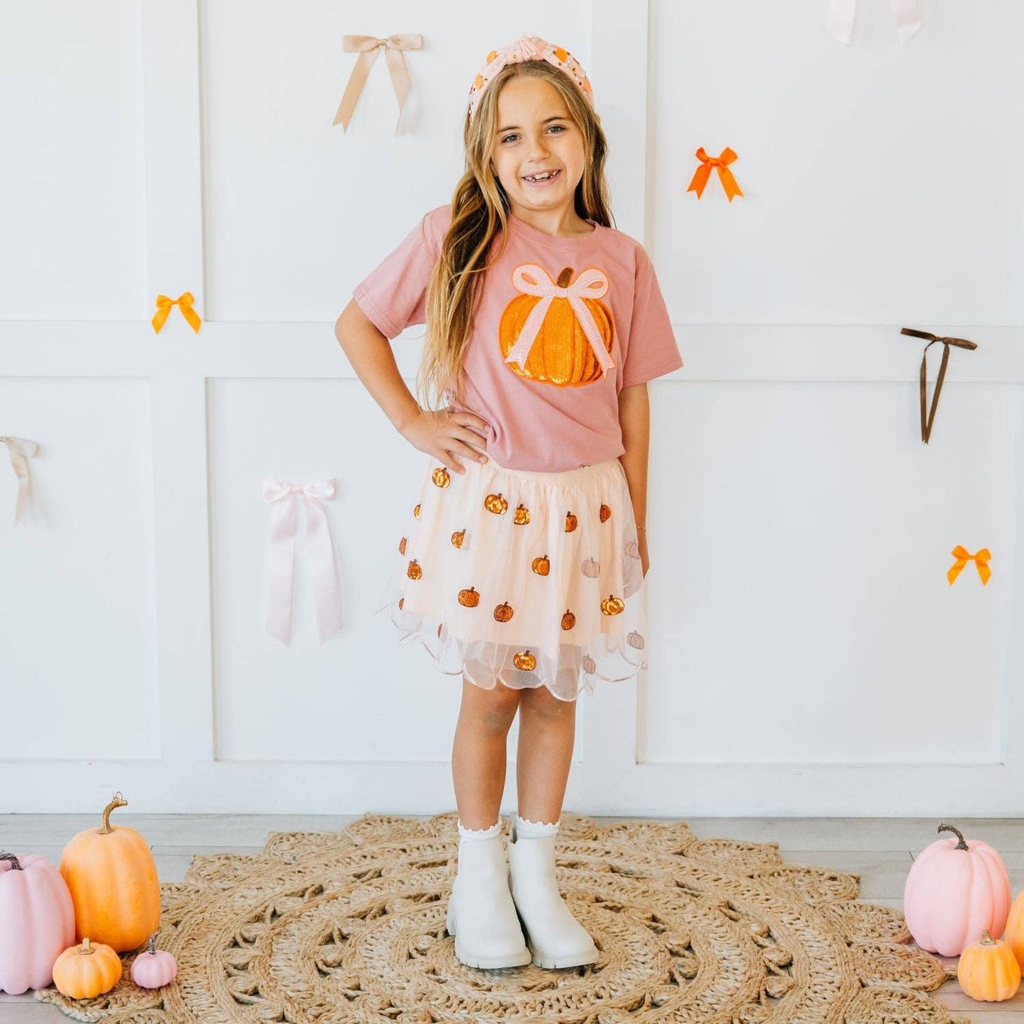 Sweet Wink - Coquette Pumpkin Sequin Patch Short Sleeve T-Shirt - Kids