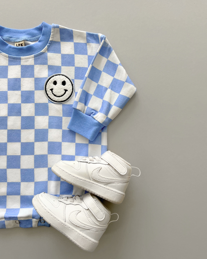 Lucky Panda Kids - Bubble Romper | Checkered Smiley Blue
