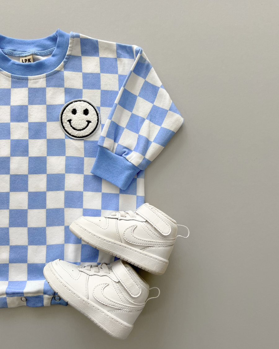 Lucky Panda Kids - Bubble Romper | Checkered Smiley Blue