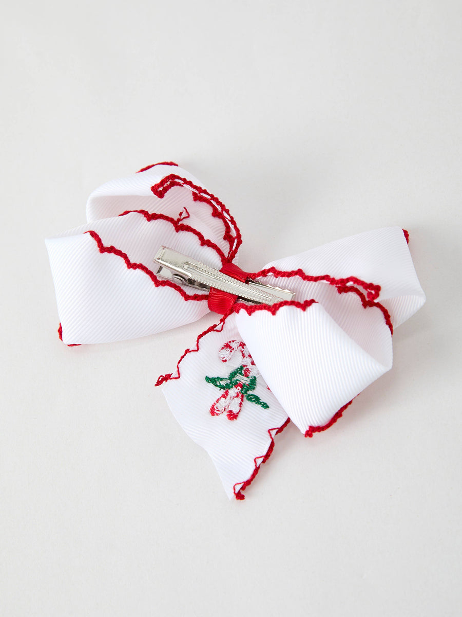 Rylee Faith Designs - Christmas Candy Cane Embroidered Bow Hair Clip