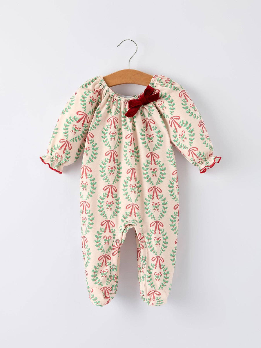 Rylee Faith Designs - Christmas Wreath Print Baby Girls Romper Long Sleeve Holiday Outfit